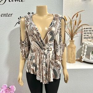 Free People Sapphire Top Size S Small Amour Abstract Floral Print Blouse Tan